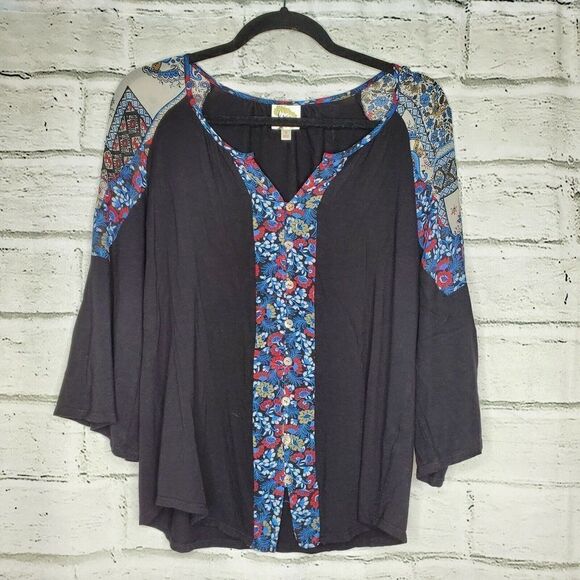 Fig and Flower Floral Blouse Shirt Womens Small black flutter sleeve casual wear - Picture 1 of 7